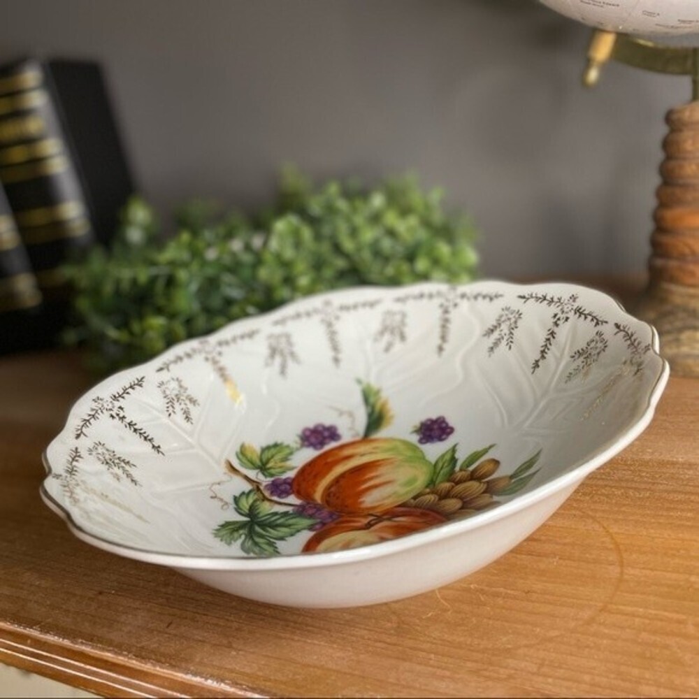 Vintage serving bowl with fruit and gold filigree